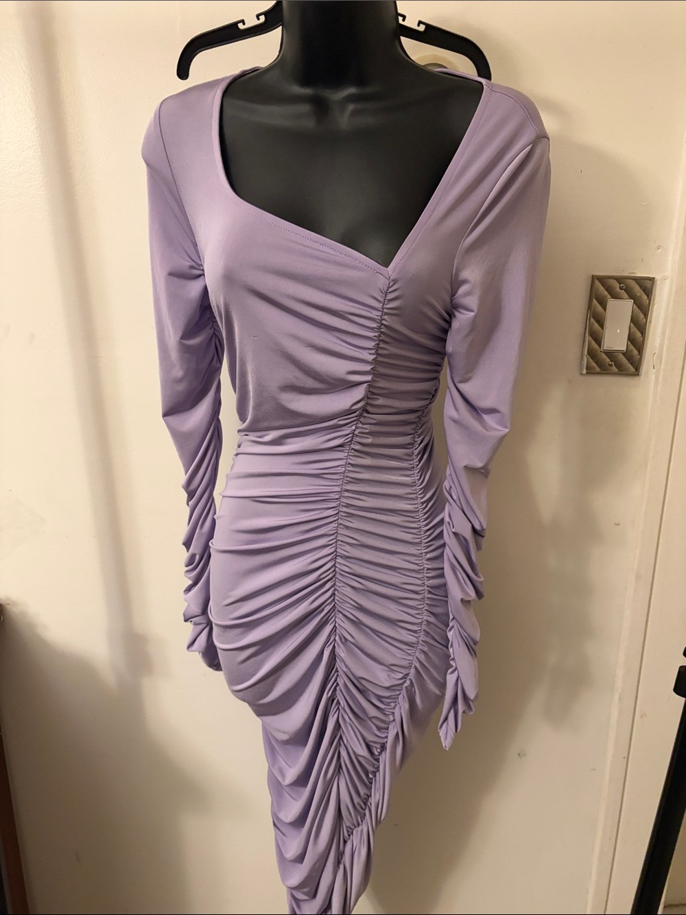 cameo Lavender Ruched Asymmetric Long Sleeve Bodycon Dress